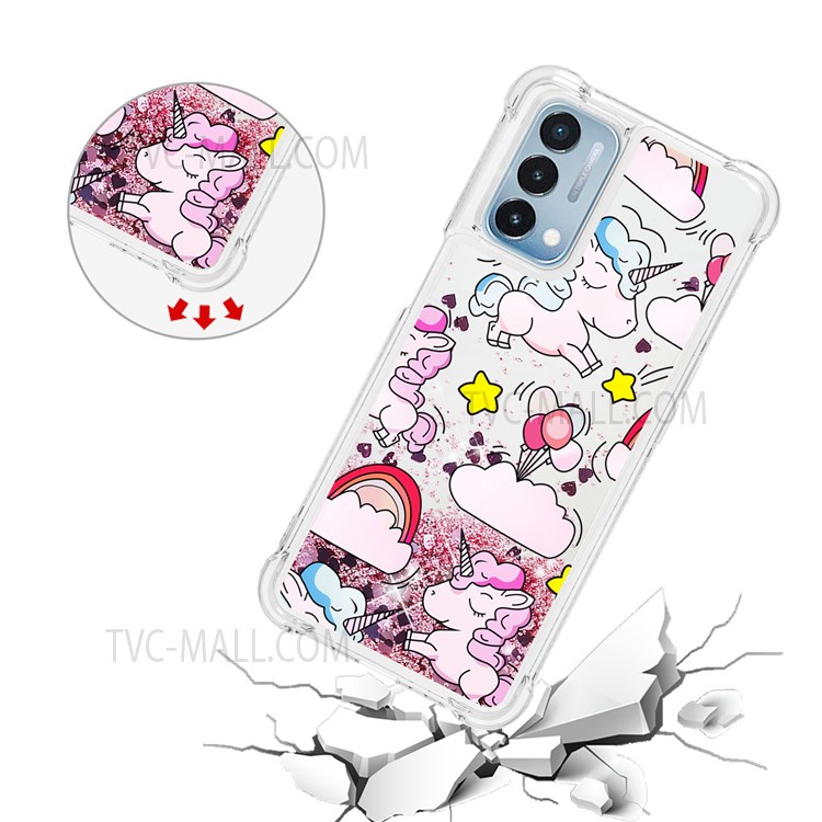 Pattern Printing Quicksand Moving Glitter Case Four Corners Drop-proof Durable TPU Cover for OnePlus Nord N200 5G - Unicorns and Balloon-4