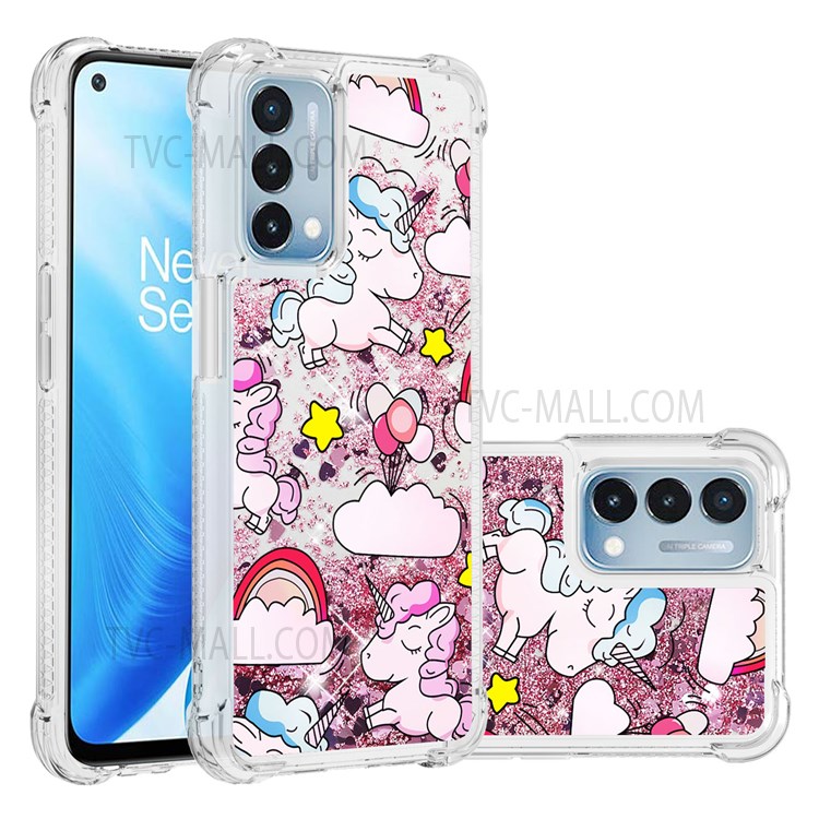 Pattern Printing Quicksand Moving Glitter Case Four Corners Drop-proof Durable TPU Cover for OnePlus Nord N200 5G - Unicorns and Balloon-6