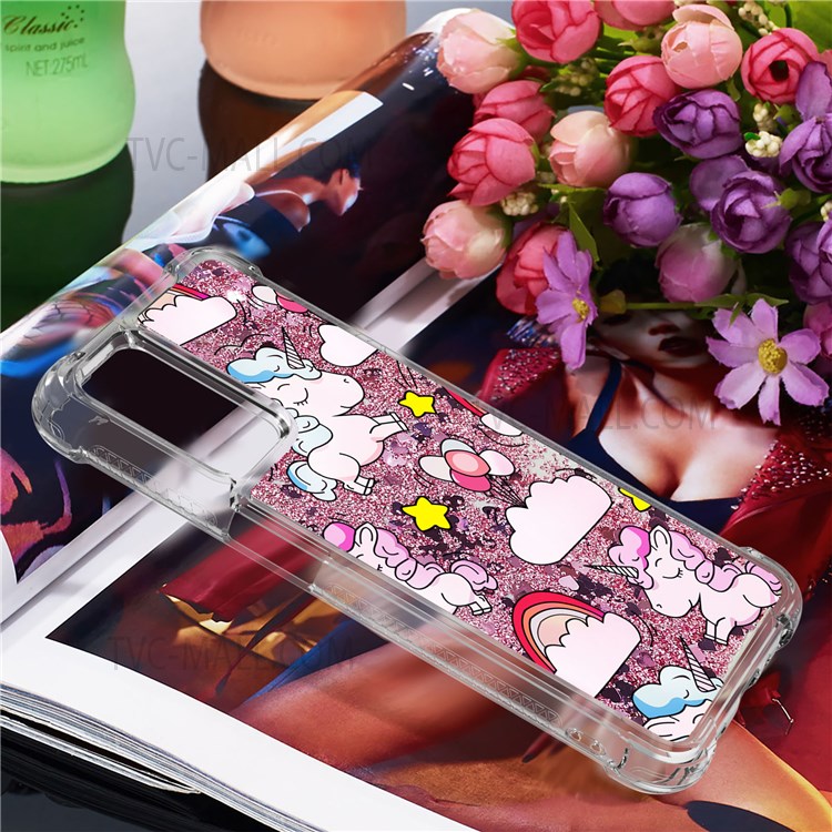 Pattern Printing Quicksand Moving Glitter Case Four Corners Drop-proof Durable TPU Cover for OnePlus Nord N200 5G - Unicorns and Balloon-7