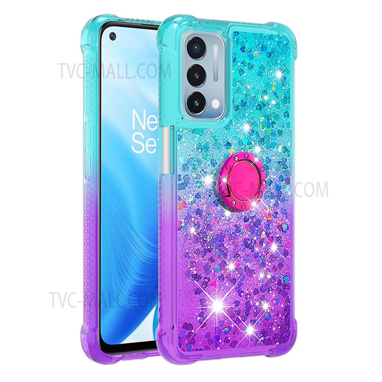 Quicksand Flowing Liquid Phone Case TPU Phone Back Cover Gradient Ring Kickstand Design for OnePlus Nord N200 5G - Sky Blue/Purple-1