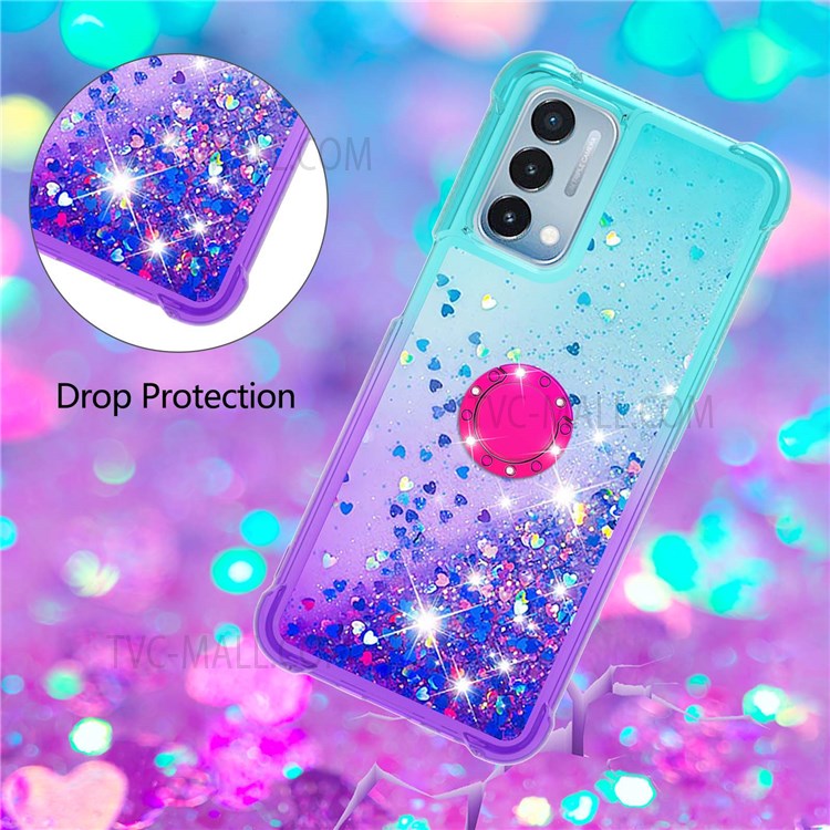 Quicksand Flowing Liquid Phone Case TPU Phone Back Cover Gradient Ring Kickstand Design for OnePlus Nord N200 5G - Sky Blue/Purple-4