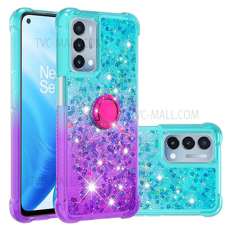 Quicksand Flowing Liquid Phone Case TPU Phone Back Cover Gradient Ring Kickstand Design for OnePlus Nord N200 5G - Sky Blue/Purple-7
