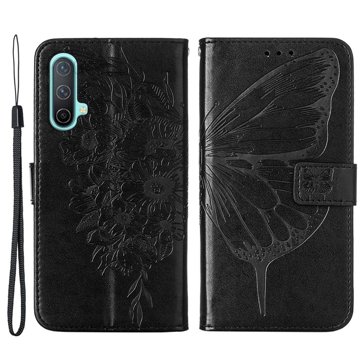 For OnePlus Nord CE 5G All-round Protection Imprinting Butterfly Flower Wallet Leather Case with Stand - Black-1