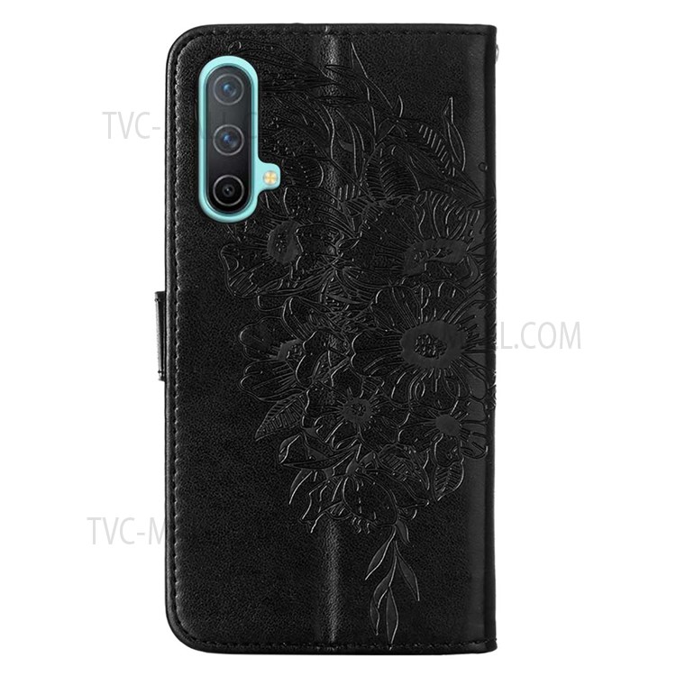 For OnePlus Nord CE 5G All-round Protection Imprinting Butterfly Flower Wallet Leather Case with Stand - Black-3