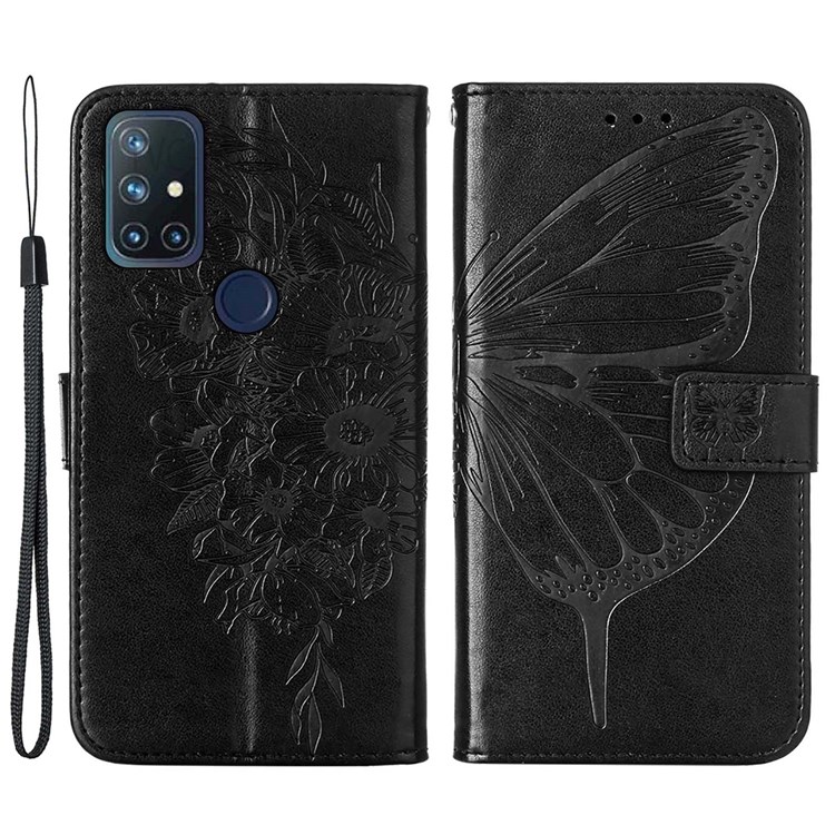 Dual-sided Magnetic Clasp Imprinting Butterfly Flower Shockproof Folio Flip Stand Leather Cover with Wallet for OnePlus Nord N10 5G - Black-1