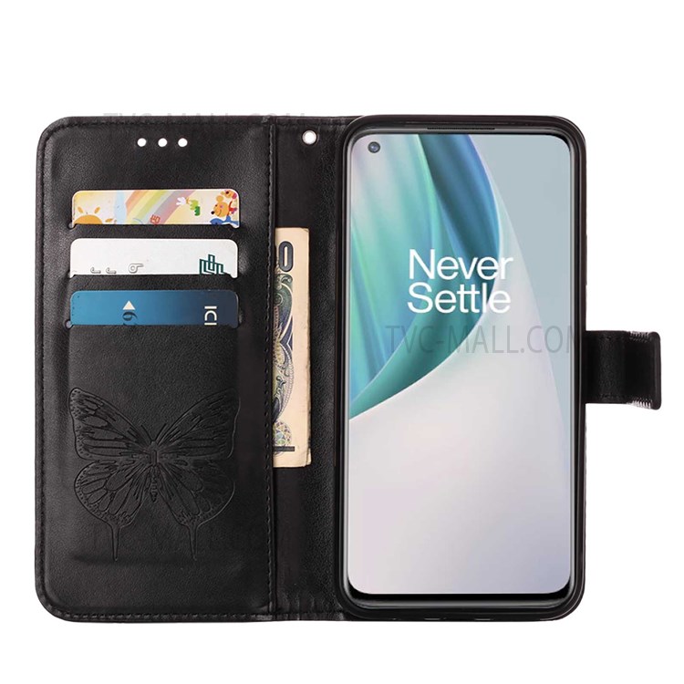 Dual-sided Magnetic Clasp Imprinting Butterfly Flower Shockproof Folio Flip Stand Leather Cover with Wallet for OnePlus Nord N10 5G - Black-6