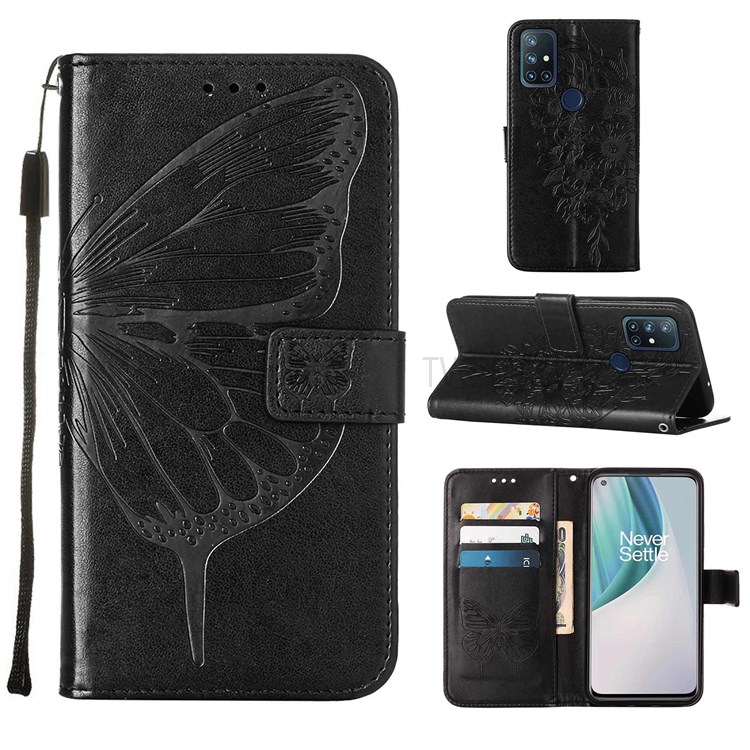 Dual-sided Magnetic Clasp Imprinting Butterfly Flower Shockproof Folio Flip Stand Leather Cover with Wallet for OnePlus Nord N10 5G - Black-7
