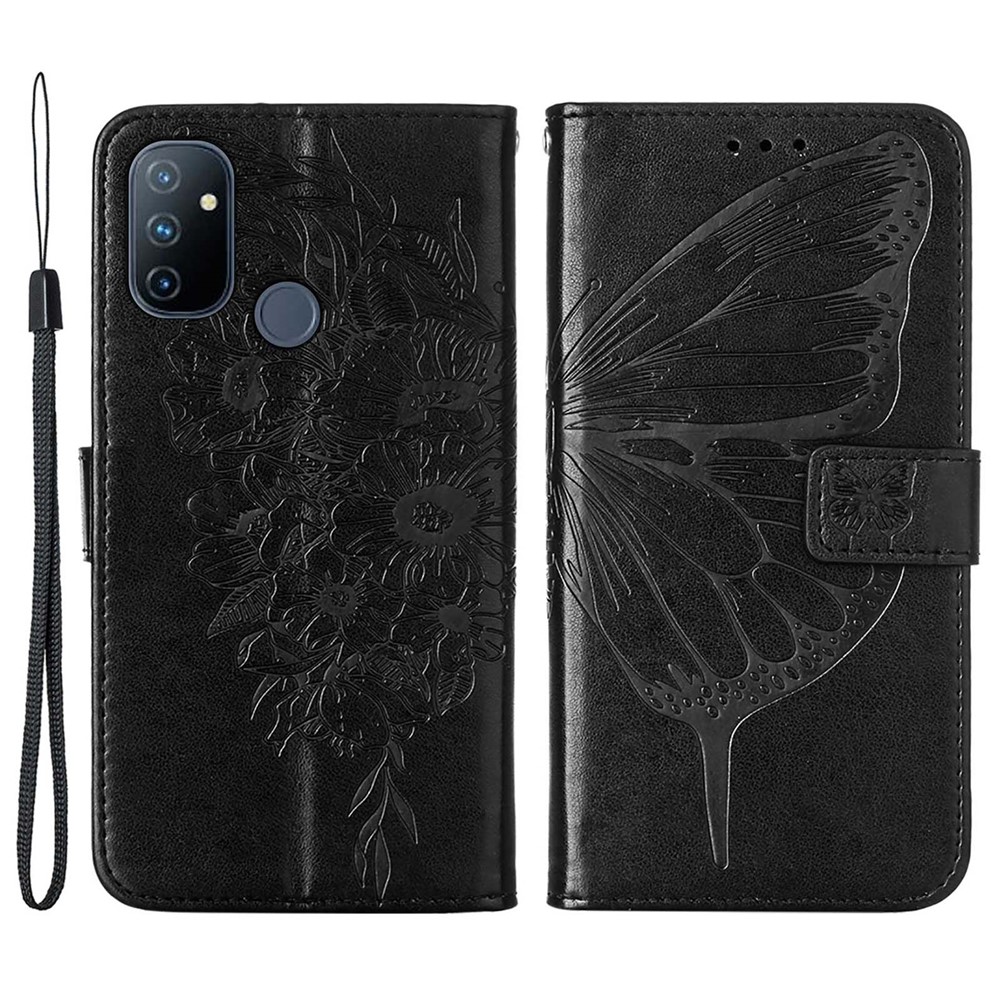 Dual-sided Magnetic Clasp Imprinting Butterfly Flower Phone Case Strap Stand Leather Cover with Wallet for OnePlus Nord N100 - Black-1