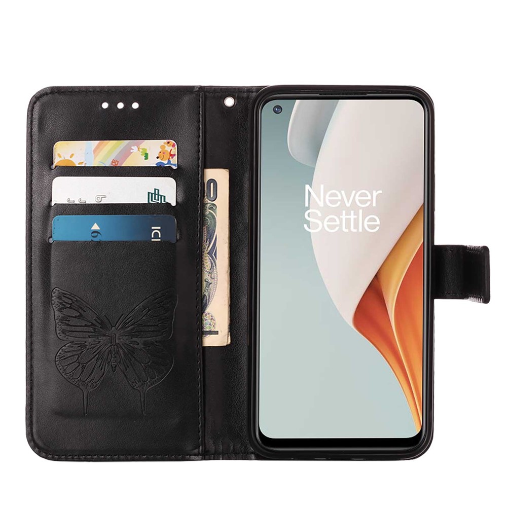 Dual-sided Magnetic Clasp Imprinting Butterfly Flower Phone Case Strap Stand Leather Cover with Wallet for OnePlus Nord N100 - Black-6