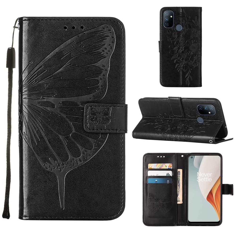 Dual-sided Magnetic Clasp Imprinting Butterfly Flower Phone Case Strap Stand Leather Cover with Wallet for OnePlus Nord N100 - Black-7