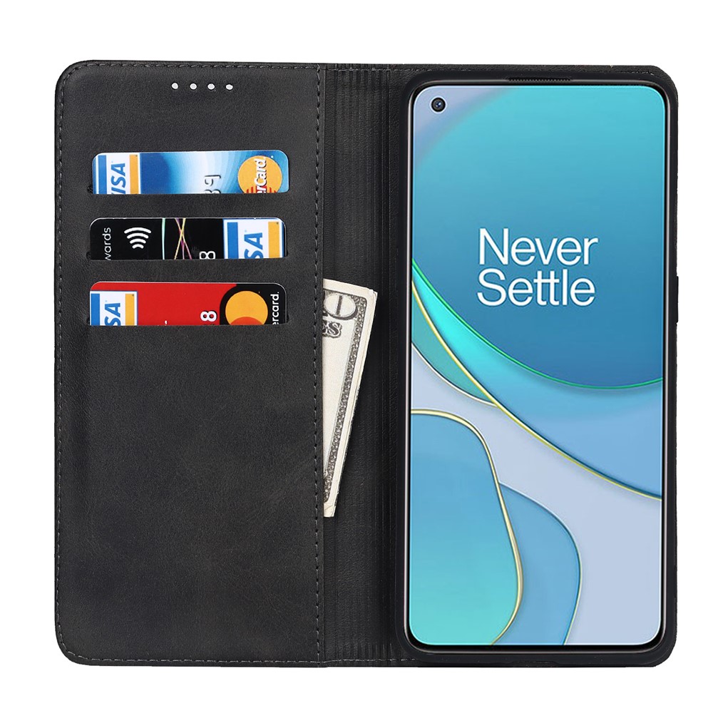 For OnePlus 8T Auto-absorbed TPU+PU Leather Wallet Phone Shell Supporting Stand Phone Case - Black-4