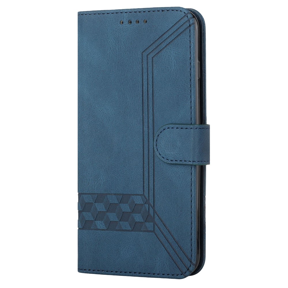 Linhas de Rombus YX0010 Imprimindo a Capa de Couro Com Sensação de Pele + Caixa de Barlet de Barraca de Casca Interior Macia Para OnePlus 9R - Azul