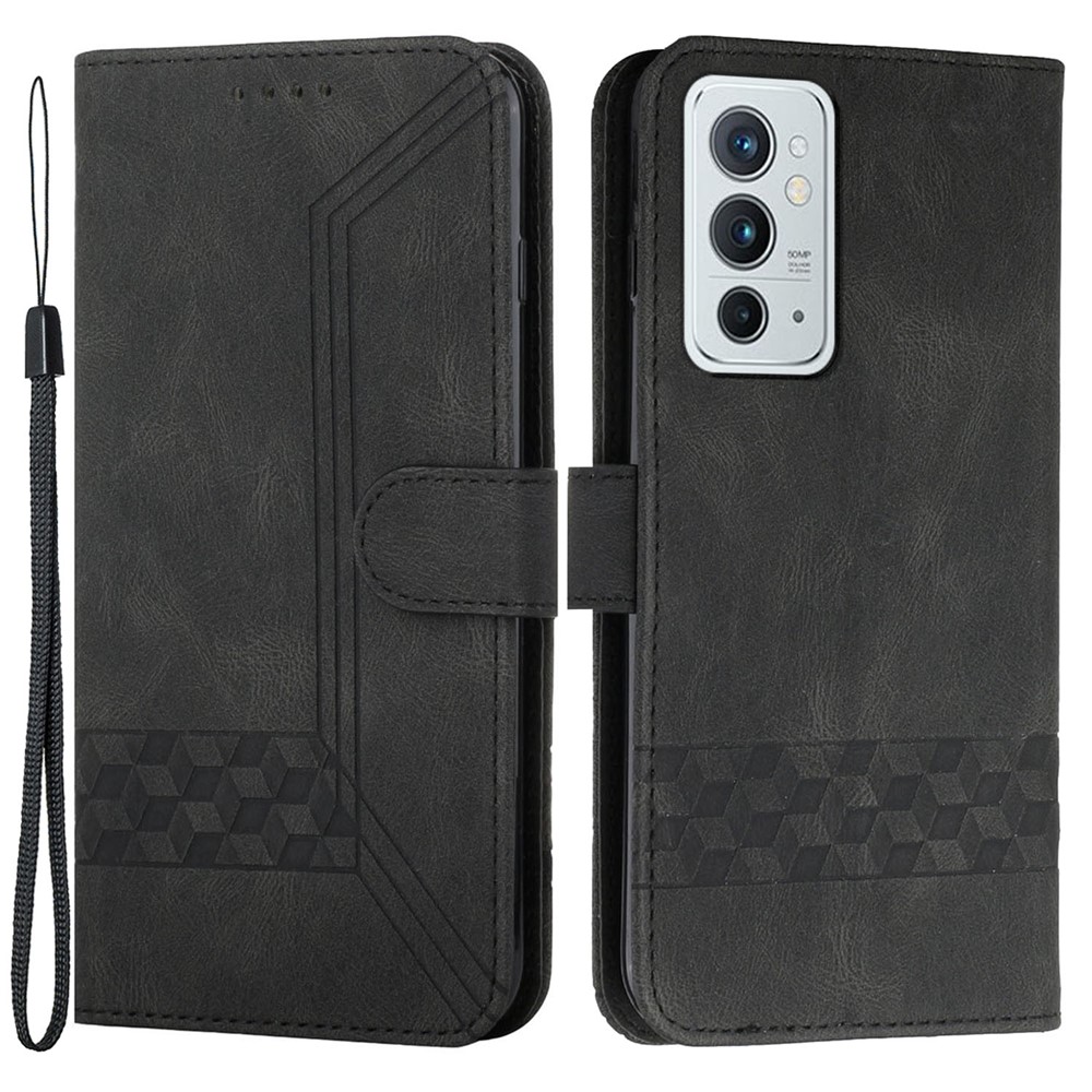 YX0010 Imprinting Rhombus Lines PU Leather Phone Case Shockproof Wallet Handy Strap Shell with Stand for OnePlus 9RT 5G - Black-1