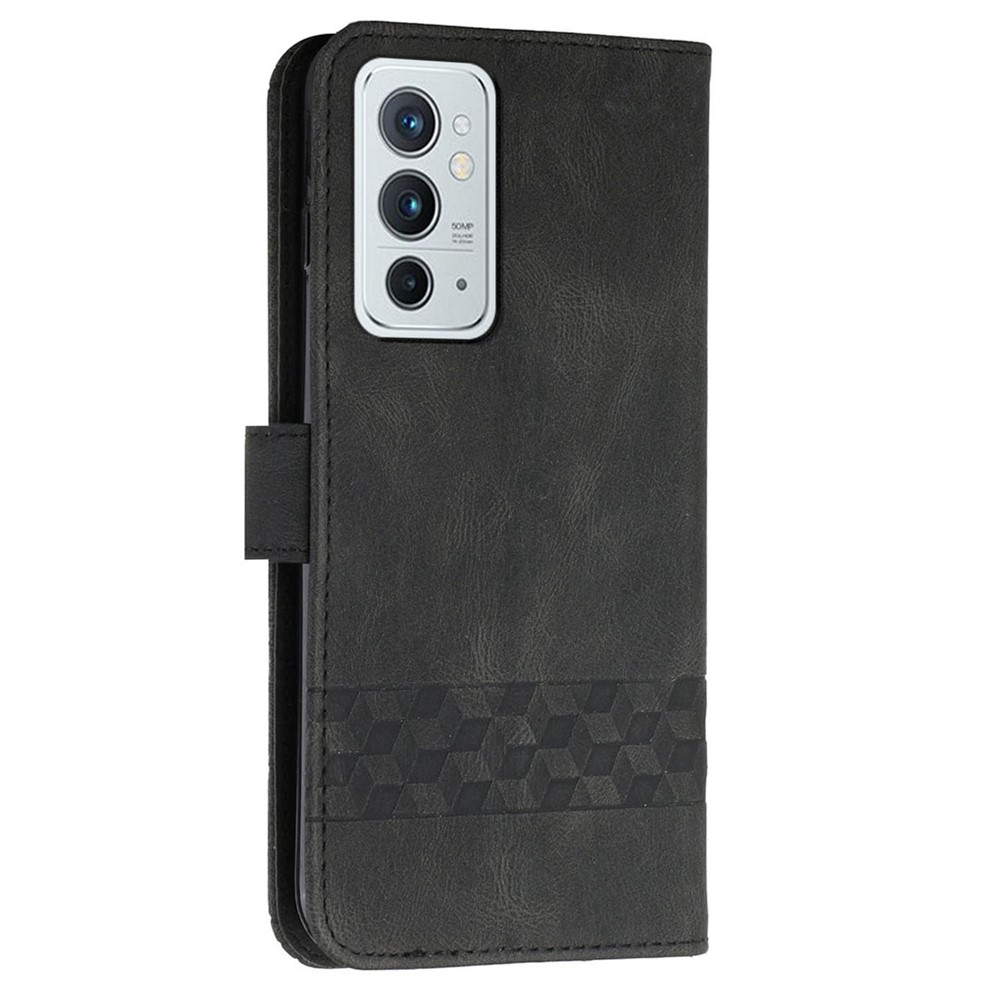 YX0010 Imprinting Rhombus Lines PU Leather Phone Case Shockproof Wallet Handy Strap Shell with Stand for OnePlus 9RT 5G - Black-3