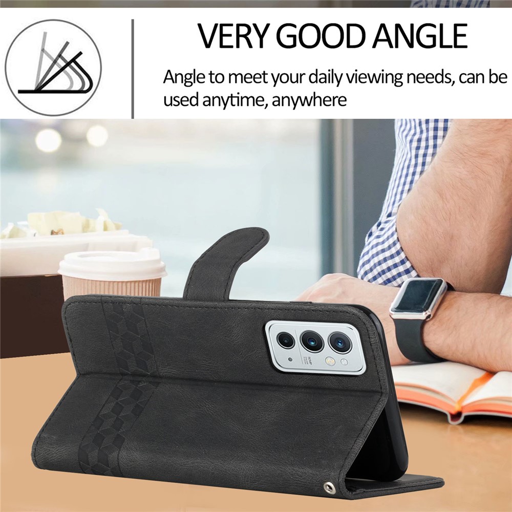YX0010 Imprinting Rhombus Lines PU Leather Phone Case Shockproof Wallet Handy Strap Shell with Stand for OnePlus 9RT 5G - Black-5