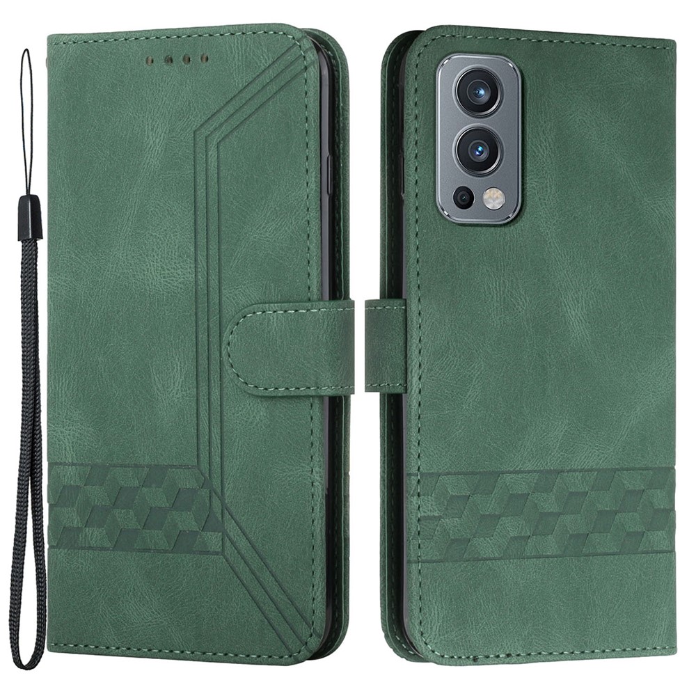 YX0010 Imprinting Rhombus Lines PU Leather Phone Case Well-protected Anti-fall Wallet Stand Shell with Strap for OnePlus Nord 2 5G - Blackish Green-1