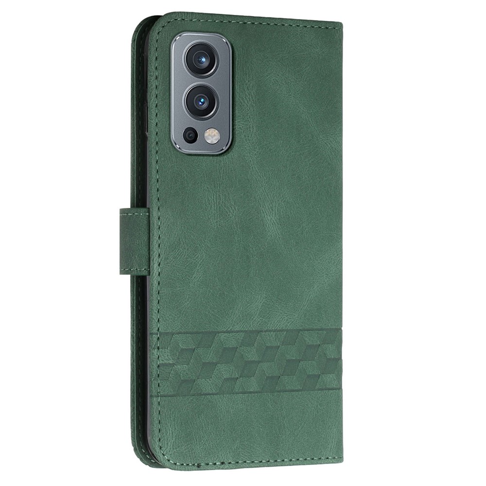 YX0010 Imprinting Rhombus Lines PU Leather Phone Case Well-protected Anti-fall Wallet Stand Shell with Strap for OnePlus Nord 2 5G - Blackish Green-3