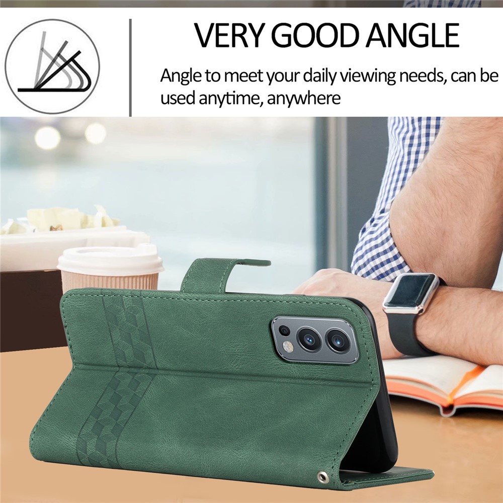 YX0010 Imprinting Rhombus Lines PU Leather Phone Case Well-protected Anti-fall Wallet Stand Shell with Strap for OnePlus Nord 2 5G - Blackish Green-5