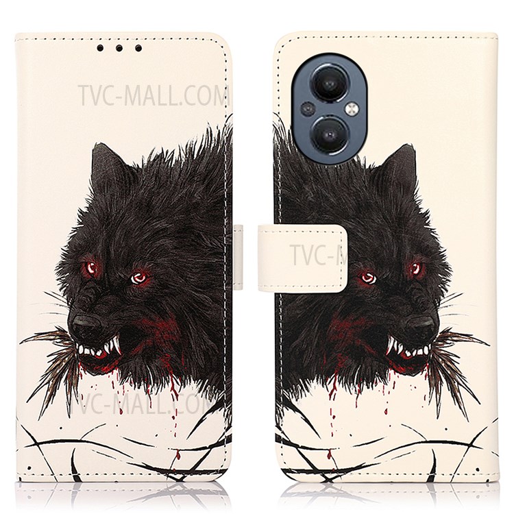 Pattern Printing Wallet Phone Case PU Leather Stand Folio Flip Protective Cover for OnePlus Nord N20 5G - Bloody Wolf-1