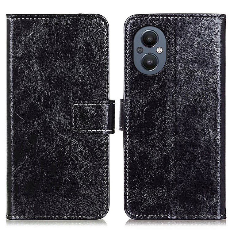 For OnePlus Nord N20 5G Scratch-resistant Phone Cover Retro Style Crazy Horse Texture Stand Protective Leather Phone Wallet Case - Black-1