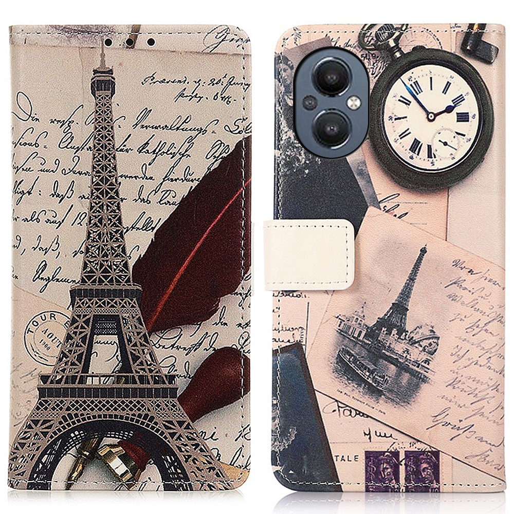 PU Leather Magnetic Clasp Case Stand Function Pattern Printing Wallet Cover for OnePlus Nord N20 5G - Eiffel Tower and Feather-1