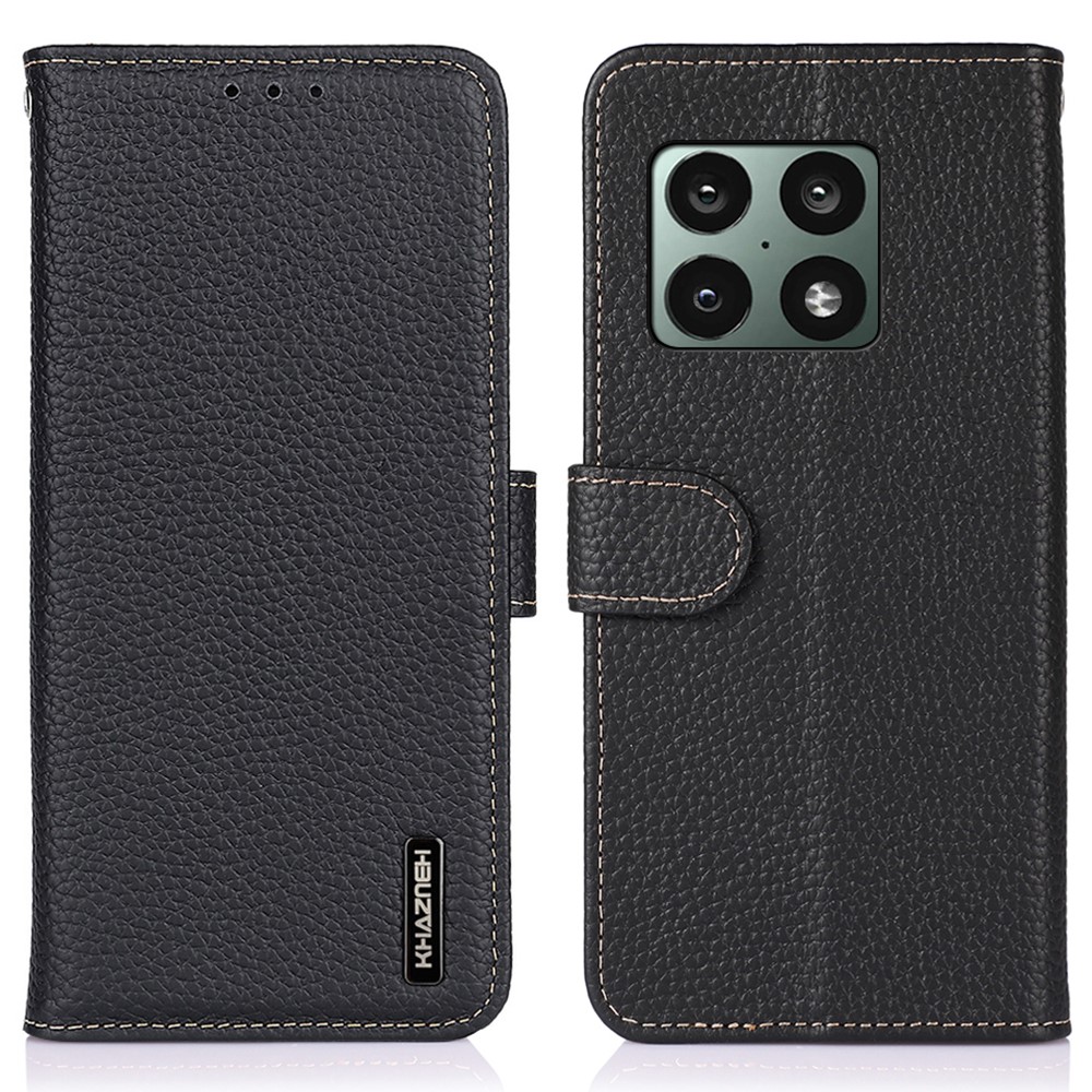 KHAZNEH Litchi Texture Magnetic Closure Top Layer Genuine Leather Phone Case Wallet Stand Cover for OnePlus 10 Pro 5G - Black-1