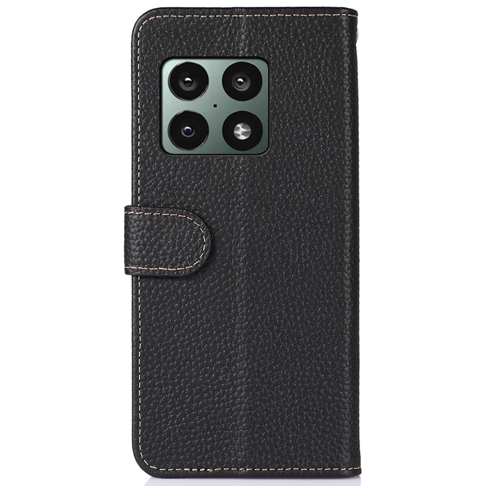 KHAZNEH Litchi Texture Magnetic Closure Top Layer Genuine Leather Phone Case Wallet Stand Cover for OnePlus 10 Pro 5G - Black-3