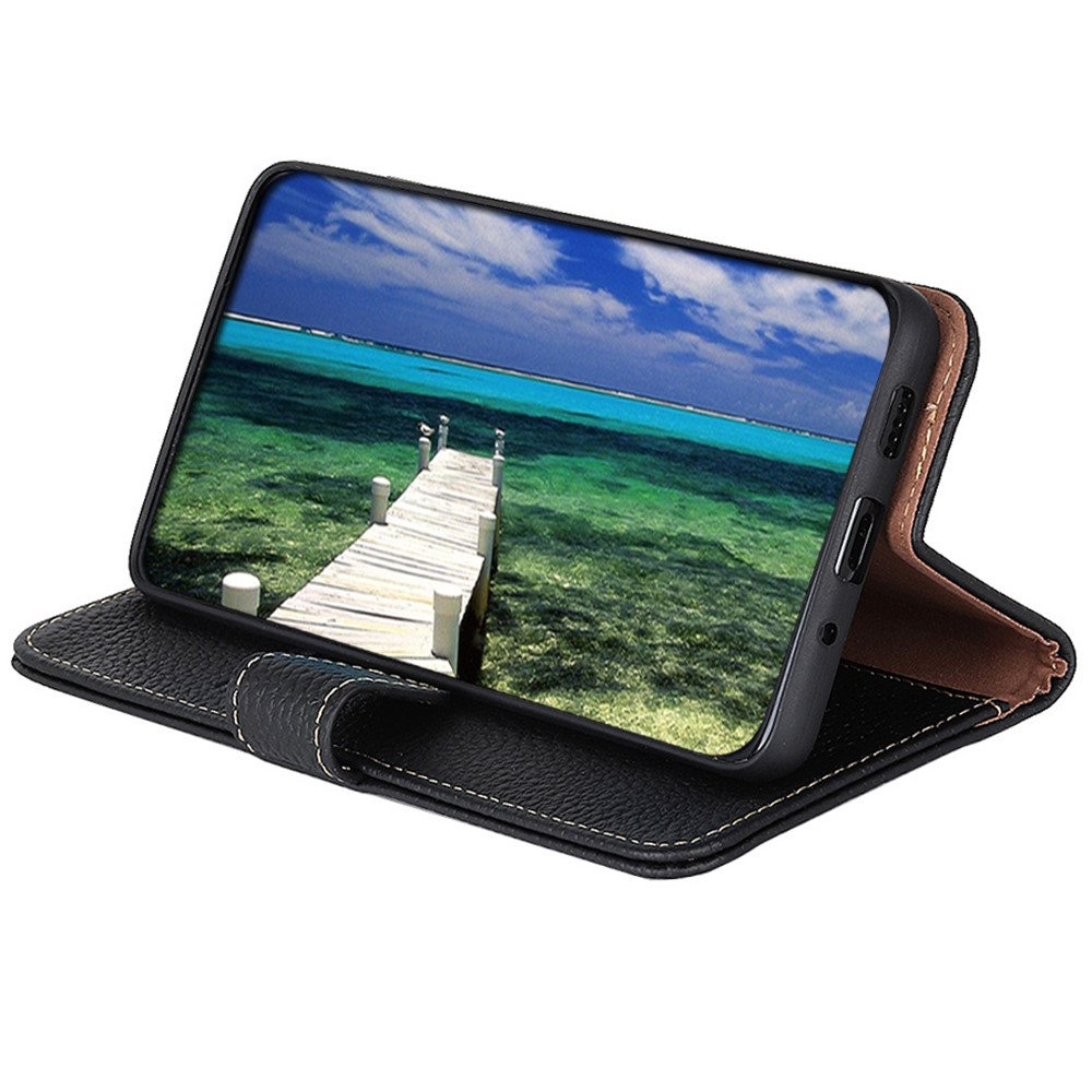 KHAZNEH Litchi Texture Magnetic Closure Top Layer Genuine Leather Phone Case Wallet Stand Cover for OnePlus 10 Pro 5G - Black-4