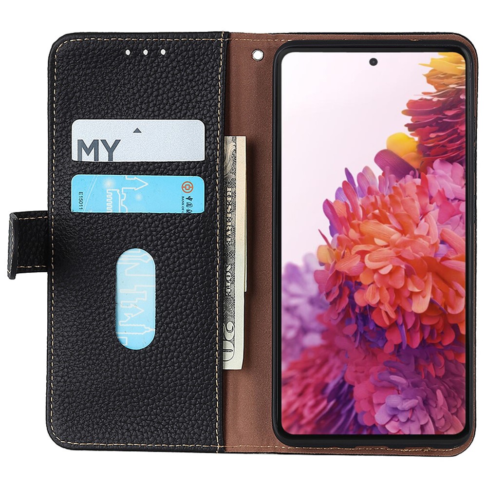 KHAZNEH Litchi Texture Magnetic Closure Top Layer Genuine Leather Phone Case Wallet Stand Cover for OnePlus 10 Pro 5G - Black-5