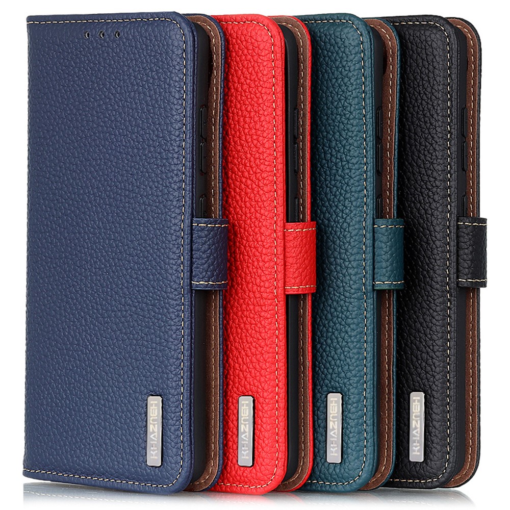 KHAZNEH Litchi Texture Magnetic Closure Top Layer Genuine Leather Phone Case Wallet Stand Cover for OnePlus 10 Pro 5G - Black-9