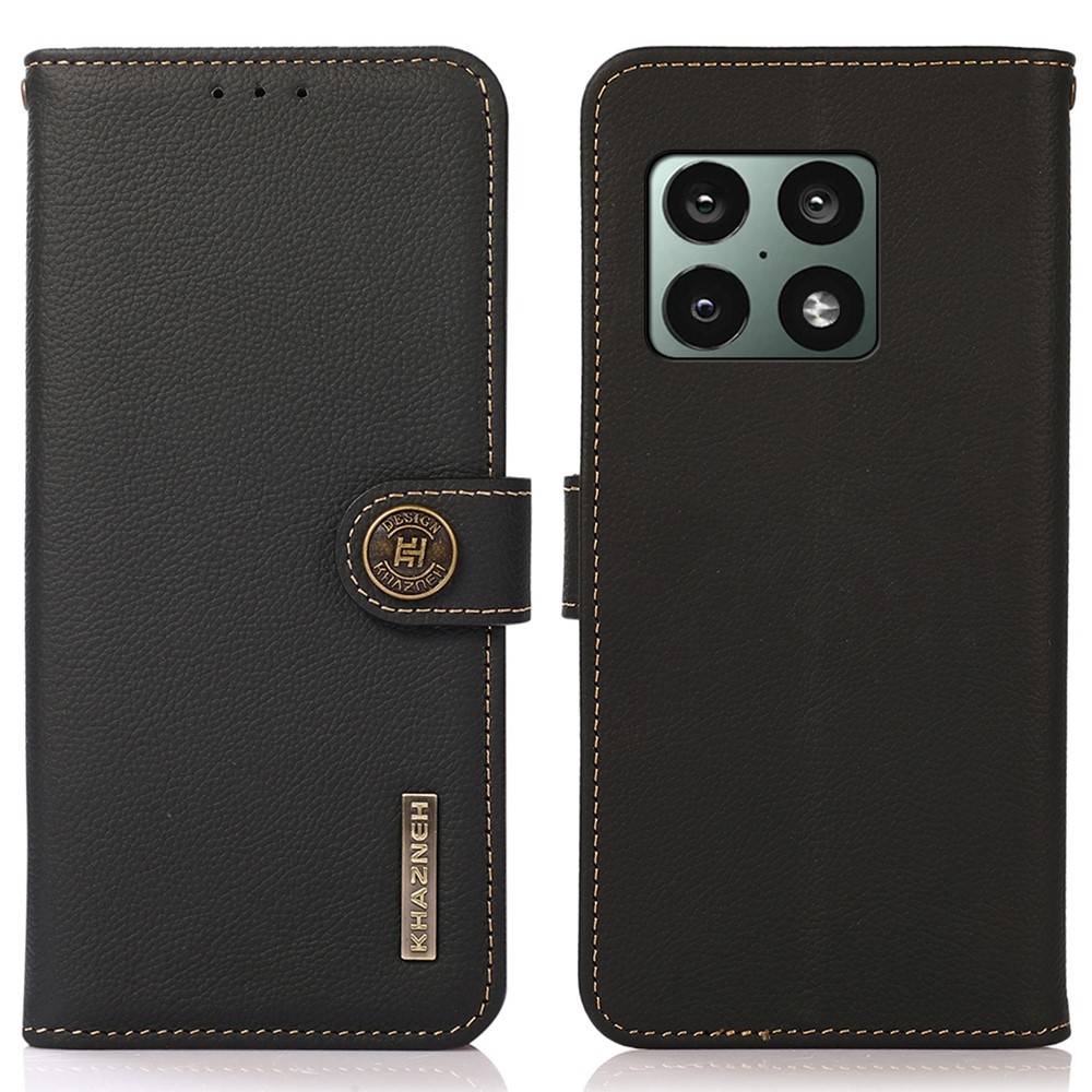 KHAZNEH RFID Blocking Genuine Leather Flip Cover Foldable Stand Phone Protector Wallet Case for OnePlus 10 Pro 5G - Black-1