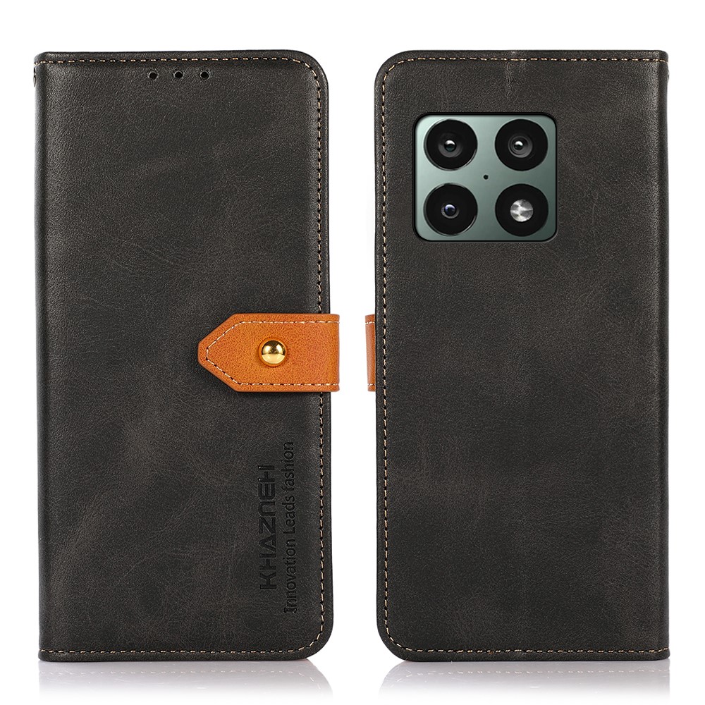 KHAZNEH Fully Wrapped PU Leather Stand Cover Magnetic Golden Clasp Case Cover with Wallet for OnePlus 10 Pro 5G - Black-1