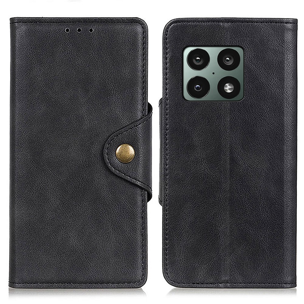 Brass Buckle Wallet Stand Inner TPU Case Folio Flip Shockproof PU Leather Cover for OnePlus 10 Pro 5G - Black-1