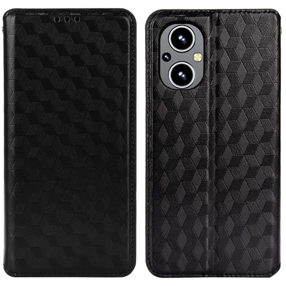 3D Rhombus Pattern Shockproof Phone Case PU Leather Cover + Inner TPU Protective Cover with Stand Wallet for OnePlus Nord N20 5G - Black-1