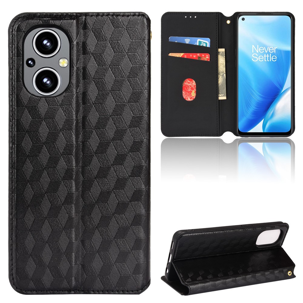3D Rhombus Pattern Shockproof Phone Case PU Leather Cover + Inner TPU Protective Cover with Stand Wallet for OnePlus Nord N20 5G - Black-8