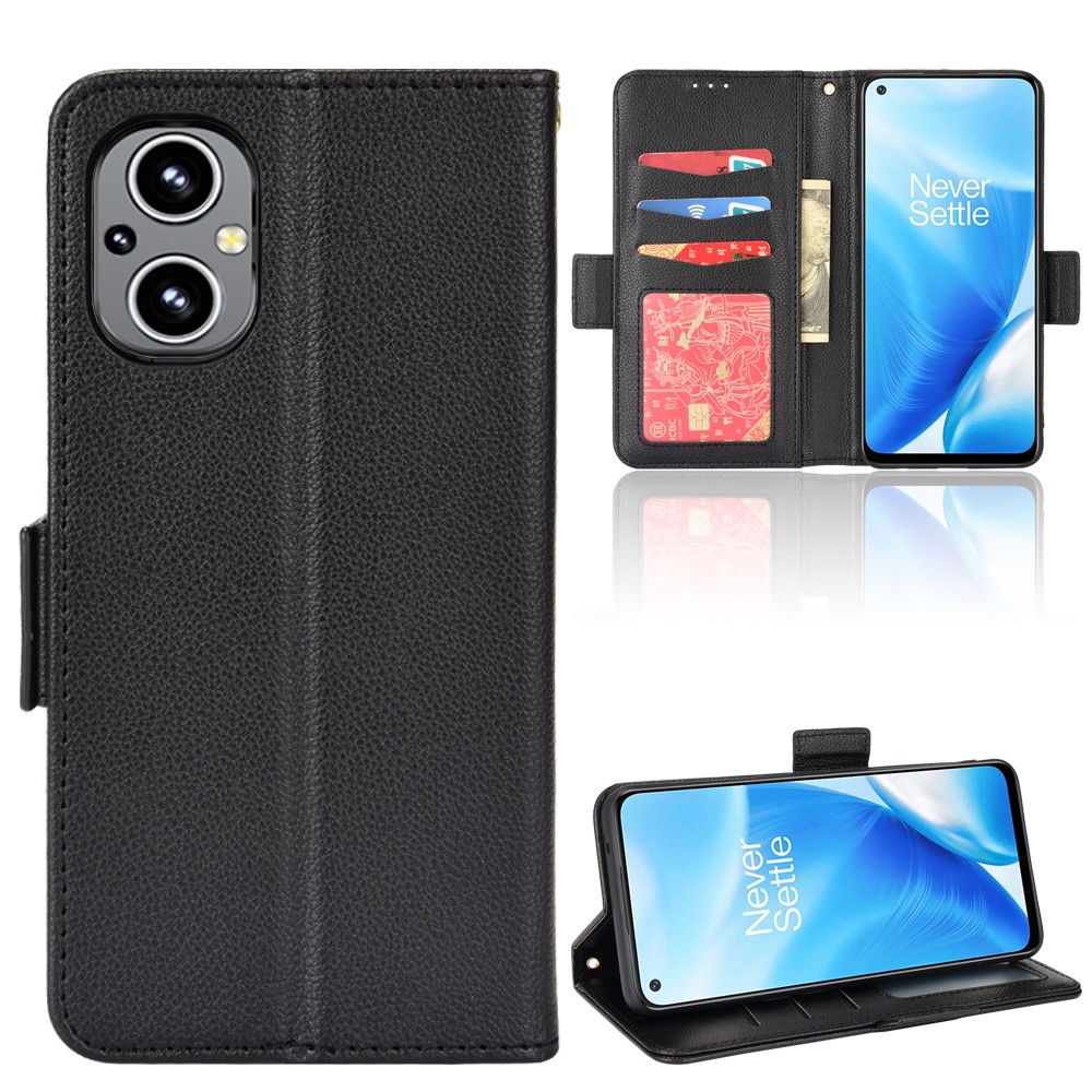 Litchi Texture Shockproof PU Leather Wallet Phone Case Double Magnetic Closure Flip Protector with Stand for OnePlus Nord N20 5G - Black-9