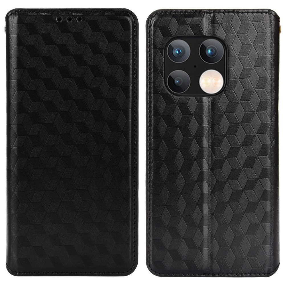 PU Leather Cover + Inner TPU Phone Case 3D Rhombus Pattern Shockproof Protector with Stand Wallet for OnePlus 10 Pro 5G - Black-1
