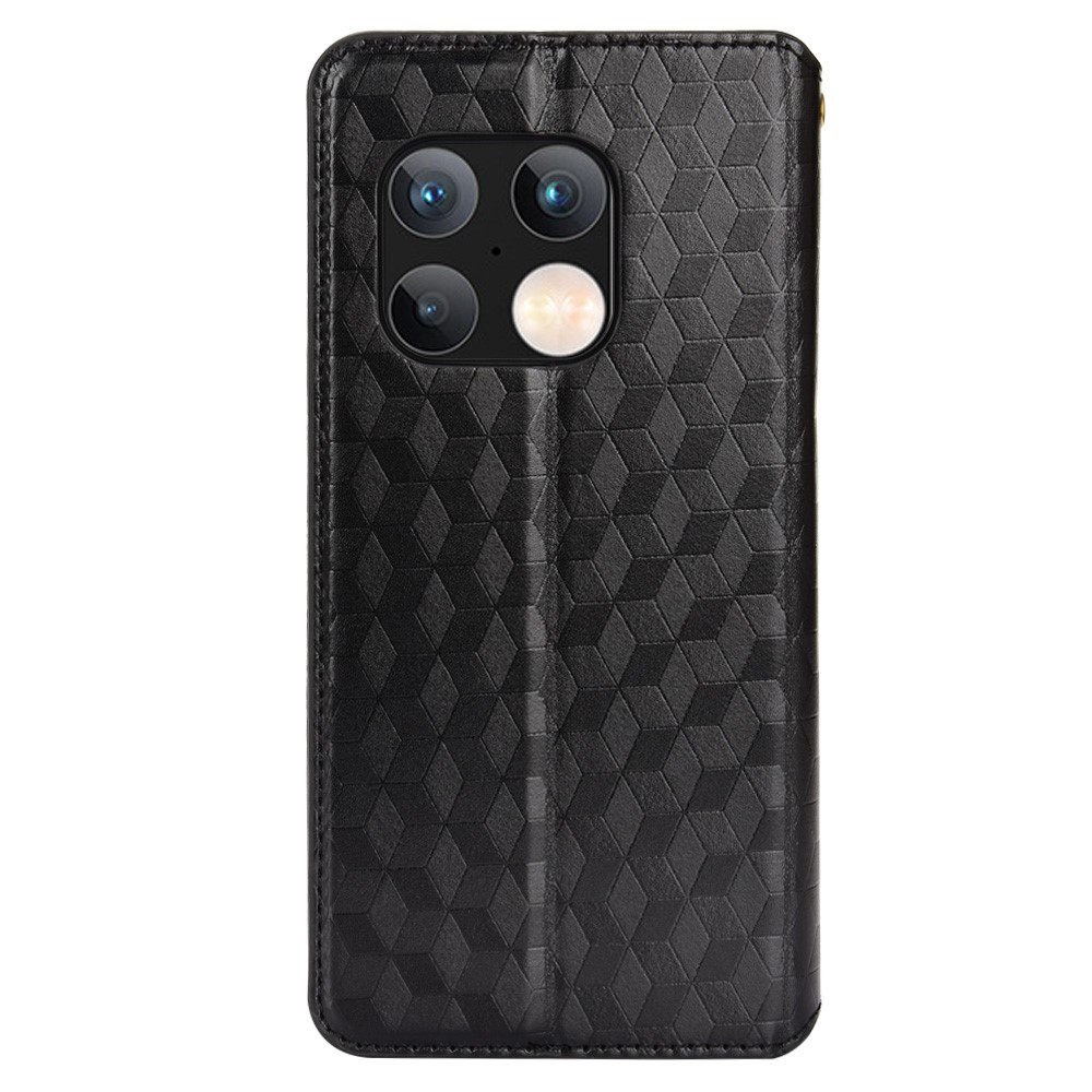 PU Leather Cover + Inner TPU Phone Case 3D Rhombus Pattern Shockproof Protector with Stand Wallet for OnePlus 10 Pro 5G - Black-3