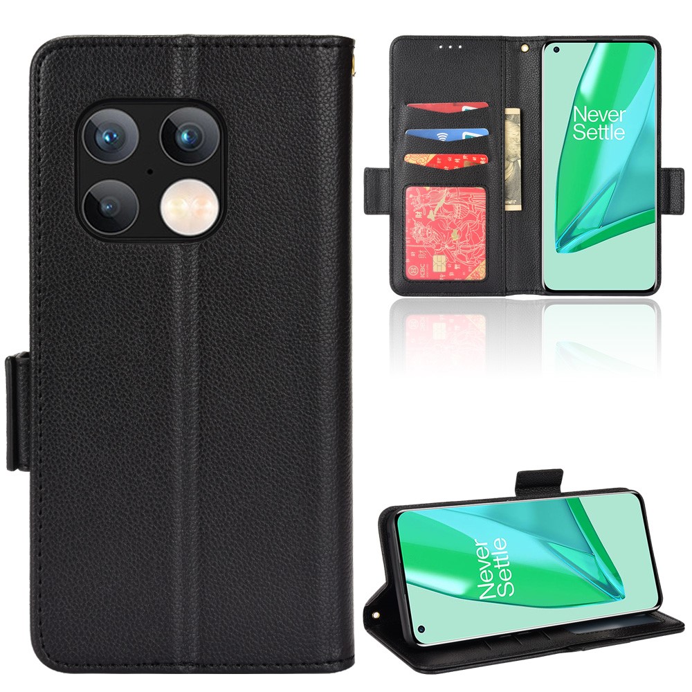 Litchi Texture Shockproof PU Leather Phone Case Double Magnetic Closure Flip Cover with Stand Wallet for OnePlus 10 Pro 5G - Black-9