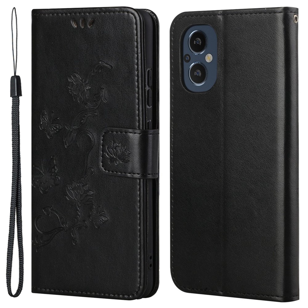 Imprinted Butterflies Flower Anti-fall PU Leather Protective Phone Case with Card Slots Stand for OnePlus Nord N20 5G - Black-1