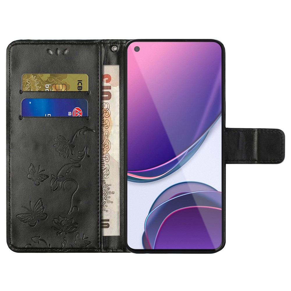 Imprinted Butterflies Flower Anti-fall PU Leather Protective Phone Case with Card Slots Stand for OnePlus Nord N20 5G - Black-5