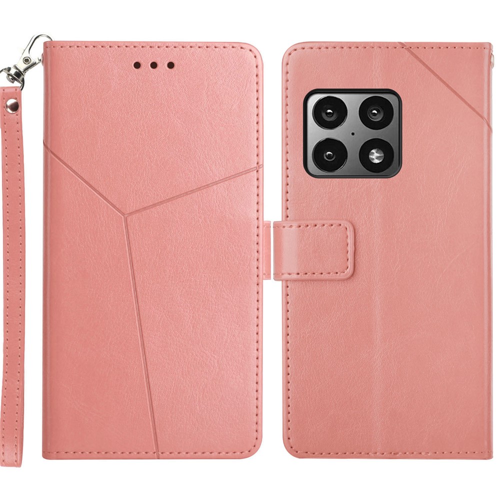 PU Leather Smartphone Covering Shell Y-shaped Lines Imprinted Handy Strap Magnetic Closure Stand Wallet Case for OnePlus 10 Pro 5G - Pink-1