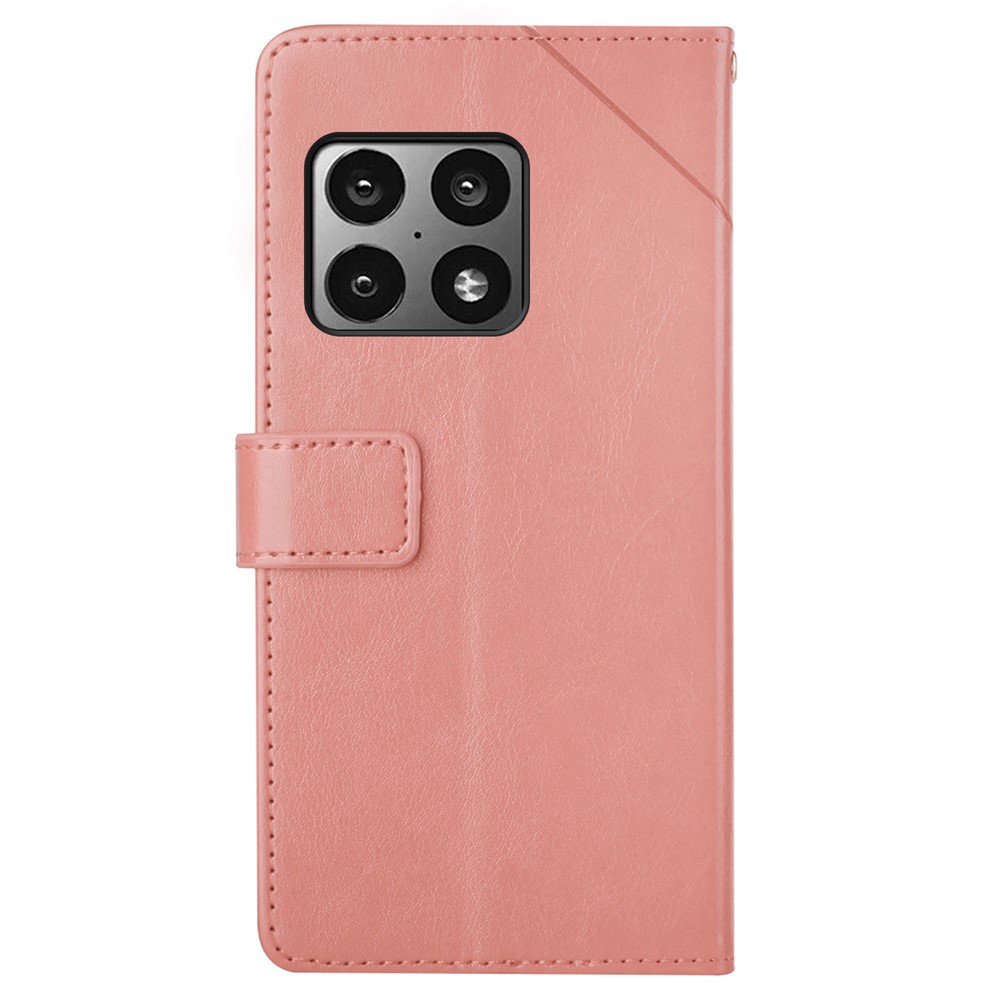 PU Leather Smartphone Covering Shell Y-shaped Lines Imprinted Handy Strap Magnetic Closure Stand Wallet Case for OnePlus 10 Pro 5G - Pink-3