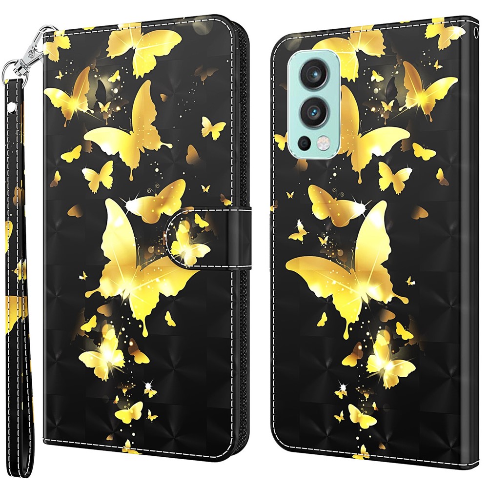 3D Pattern Printing Scratch-resistant Phone Cover PU Leather Wallet Stand Phone Case with Strap for OnePlus Nord 2 5G - Golden Butterfly-1