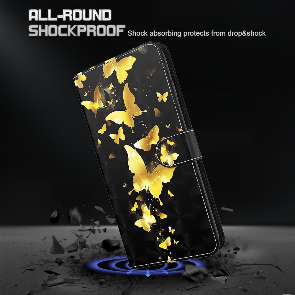 3D Pattern Printing Scratch-resistant Phone Cover PU Leather Wallet Stand Phone Case with Strap for OnePlus Nord 2 5G - Golden Butterfly-7