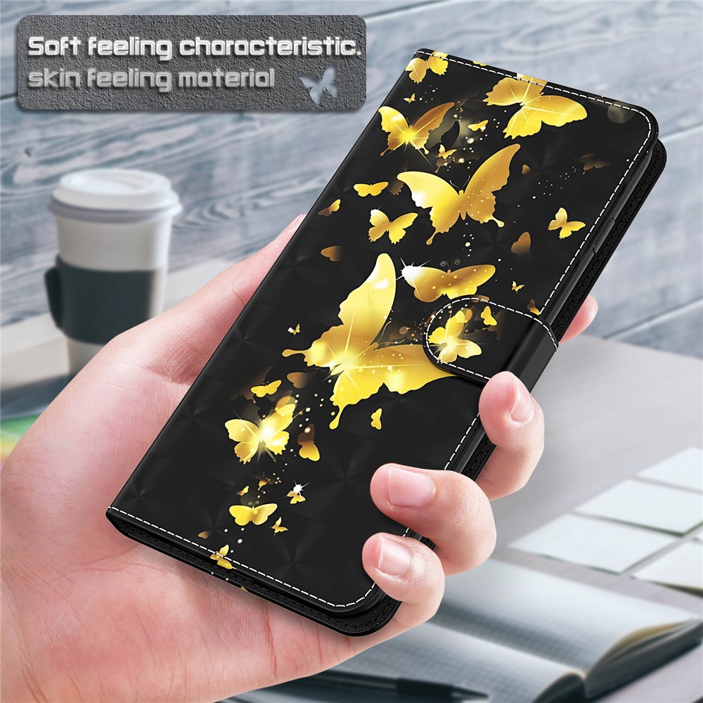 3D Pattern Printing Scratch-resistant Phone Cover PU Leather Wallet Stand Phone Case with Strap for OnePlus Nord 2 5G - Golden Butterfly-8