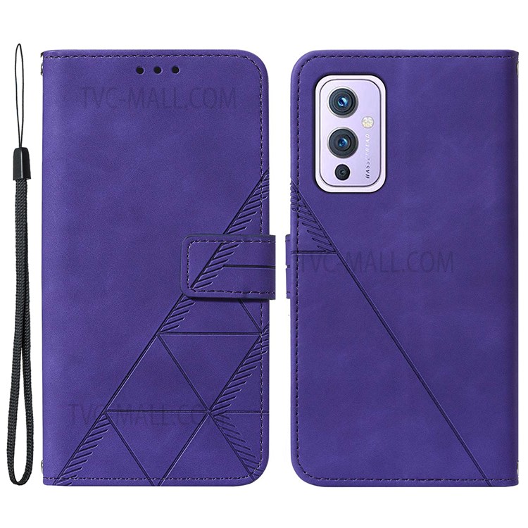 PB2 Series Imprinting Lines Phone Case Well-protected Wallet Stand Leather Cover with Strap for OnePlus 9 (EU / US Version) - Purple-1