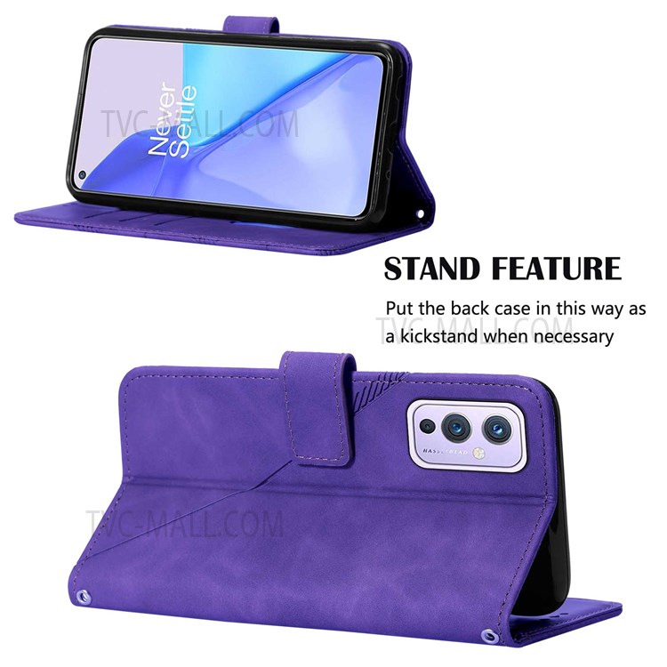 PB2 Series Imprinting Lines Phone Case Well-protected Wallet Stand Leather Cover with Strap for OnePlus 9 (EU / US Version) - Purple-5