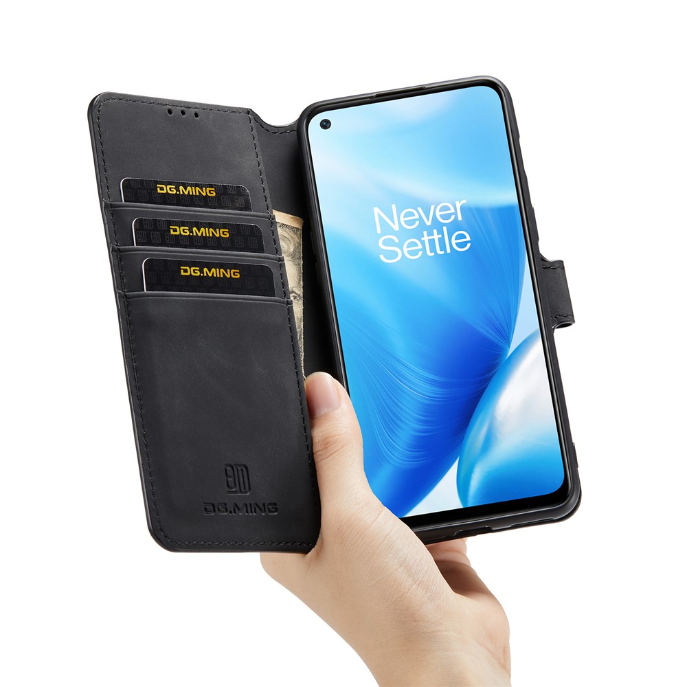 DG.MING Shockproof Phone Case Retro Leather Wallet Stand Folio Flip Cover for OnePlus Nord N200 5G - Black-6