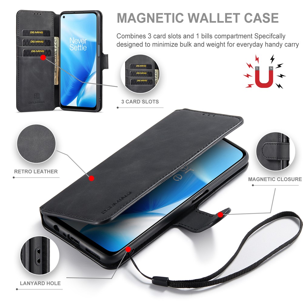 DG.MING Shockproof Phone Case Retro Leather Wallet Stand Folio Flip Cover for OnePlus Nord N200 5G - Black-7